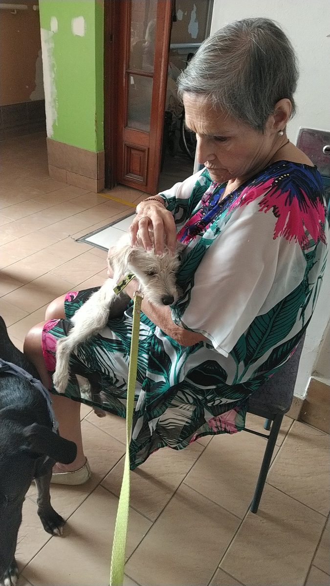 Residente sostiene con cariño a uno de nuestros perros